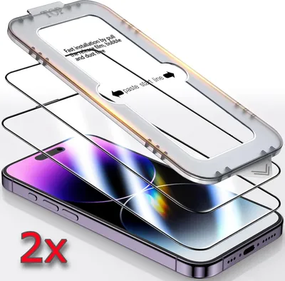 A screen protector kit for a smartphone, showing the protector, an installation frame, and the phone.