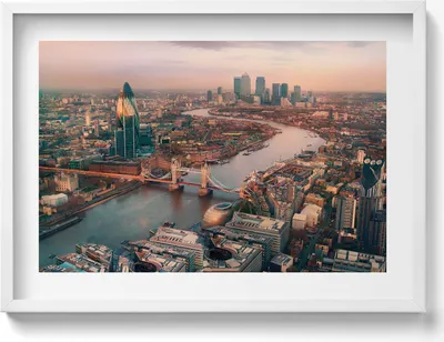 Produktbild von London aus der Vogelperspektive– Wandbild mit Rahmen – Gerahmtes Bild  – Wanddekoration – 70x50 cm –  Weiß Rahmen