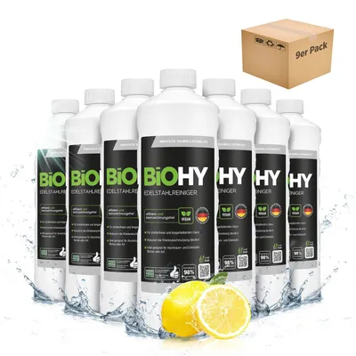 Produktbild von BiOHY Edelstahlreiniger + Dosierer, Edelstahlpflege, Edelstahl Politur, 9 x 1 l