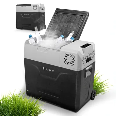 Produktbild von Juskys Kompressor Kühlbox 50 Liter 12/24/230 V für Auto, Lkw, Reisemobil, Camping - Mini Kühlschrank kalt & warm - Kompressorkühlbox Steckdose - Grau