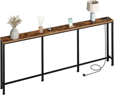 Zdjęcie produktu dla Stolik konsolowy o wysokości 200 cm, stolik do przedpokoju z ładowarką, wąski stolik kawowy z 2 gniazdami elektrycznymi i 2 portami USB, stolik pomocniczy, do salonu, przedpokoju, w kolorze rustykalnej brązowej i czarnej, model DTXG20CBF