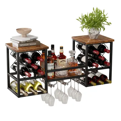 A wine rack with bottles of wine and liquor, glasses, and decorative items.