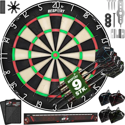 Produktbild von RE:SPORT® Dartscheibe XXL Set mit 9 Profi Dartpfeile + 24 Pro Flights + Zubehör | Steeldart aus hochwertigstem Sisal | Dartboard Komplettset inkl. Montageset | Steeldartscheibe mit Pfeilen Metallspitze Startlinie