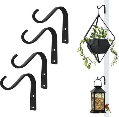 Image de Unyqoos® : 4 supports muraux en fonte pour plantes, couleur noire – Supports pour paniers suspendus de 10 cm (4 pouces), idéaux pour balcon, terrasse et jardin, supports pour lanternes et nichoirs, dimensions 9,8 x 9,1 cm, capacité de charge de 30 livres