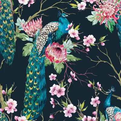 Imagen del producto de Papel pintado autoadhesivo de estilo vintage con motivos de pavos reales y flores, de 44,5 x 200 cm, ideal para salones