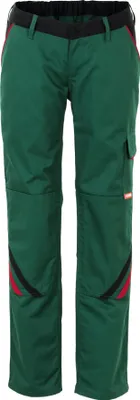 A pair of green work pants with black and red accents.
