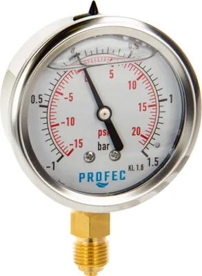 Produktbild von Profec Manometer -1 bis 1,5 bar, Glyzeringefüllt, Ø 63 mm, 1/4 Zoll Anschluss nach unten Radial, Unterdruck-Manometer