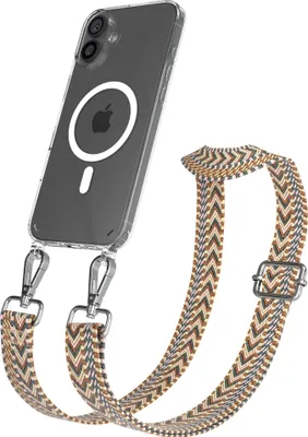 Produktbild von EAZY CASE - Handykette mit MagSafe Hülle für Apple iPhone 16 Plus, Handyband ZigZag Style,Karabiner Silber, Umhängeband in Braun