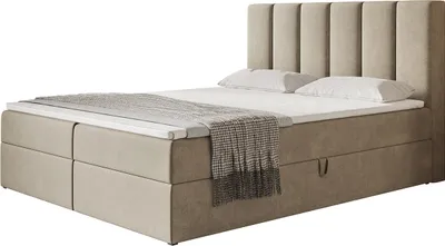 Produktbild von Boxspringbett TOKIO mit 2 Bettkästen, Polsterbett Maße: 180x200, Farbe: Sand, Velourstoff, Doppelbett mit Bonell-Matratze