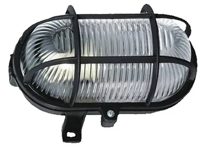 A black outdoor oval light fixture with a ribbed clear glass cover and a protective metal cage.