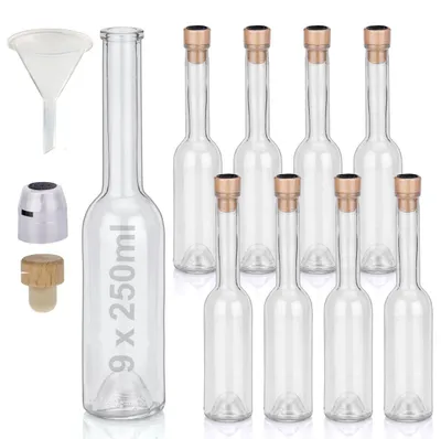 Produktbild von Flaschen Set 9 x 250ml hochwertige Glasflaschen leer mit Korken Schrumpfkapseln & 1 Trichter zum selbst Befüllen mit Gin Whisky Schnaps Likör Essig Öl günstige Flaschen Ginflaschen Whiskyflaschen