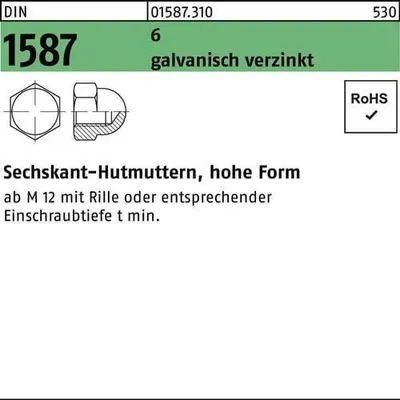 Produktbild von Reyher  Sechskant-Hutmuttern DIN 1587 6 M 12 SW 19 galv. vz (50 Stück)