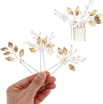 Imagen del producto de Juego de 4 horquillas para el pelo, con diseño de flor dorada y perlas, estilo vintage, ideal para bodas