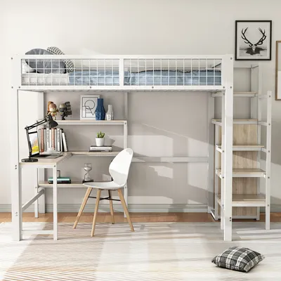 Produktbild von Hausbett mit Ablageleiter Einbauschrank und Schreibtisch Hochbett Kinderbett Einzelbett Metallbett Ohne Matratze 140*200 cm Weiß