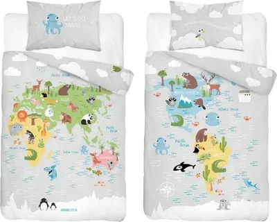 Immagine prodotto di Biancheria da letto, biancheria da letto in cotone, biancheria da letto per bambini 90x120cm 3961b Animali, mappa del mondo