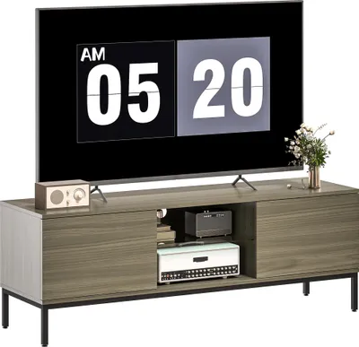 Produktbild von HOMCOM TV-Ständer, 140 cm, TV-Schrank für Fernseher bis zu 60 Zoll mit 2 Türen und verstellbarem Glasboden, moderne TV-Bank für Wohnzimmer und Schlafzimmer, grau