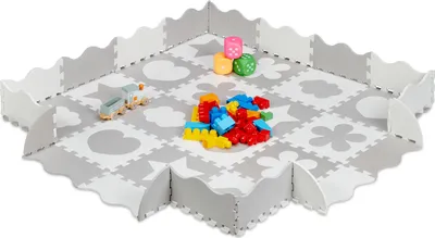 Image de Tapis de puzzle Relaxdays, 52 pièces, mousse EVA, sans substances nocives, 1,4 m², tapis de jeu avec rebord, motifs variés, gris/blanc