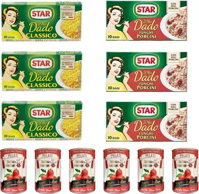 Produktbild von 3x Star classico dado brodo Suppenwürfel Brühe klassisch 10 pz + 3x Star dado funghi porcini Steinpilze + Italian Gourmet 100% italienische geschälte Tomaten dosen 6x 400g