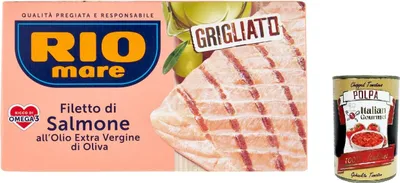 Produktbild von 12x Rio Mare Gegrilltes Lachsfilet mit nativem Olivenöl extra, reich an Omega 3, 125 g + Italian Gourmet polpa 400g