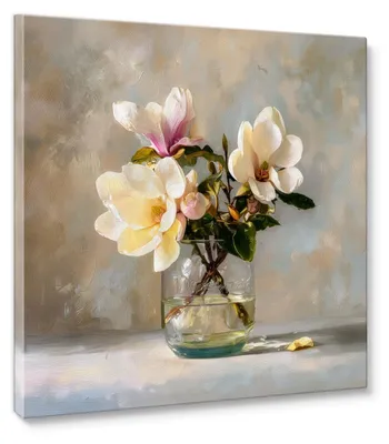 Image de Tableau sur toile, Magnolias, 32x32 cm. Tableau décoratif, fleurs de magnolias, style nature, idéal pour le salon, la chambre, le bureau ou le couloir. Décoration, cadeau, art mural, style moderne