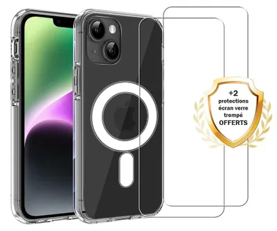 Produktbild von Stoßfeste Schutzhülle für iPhone 14, kompatibel mit MagSafe, transparent + 2 Displayschutzfolien - EVETANE