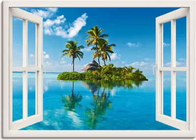 Produktbild von ARTland Leinwandbild Fensterblick Insel Palmen Meer Größe: 70x50 cm