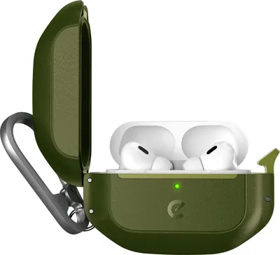 An open green AirPods Pro case with white AirPods inside, attached to a silver carabiner.