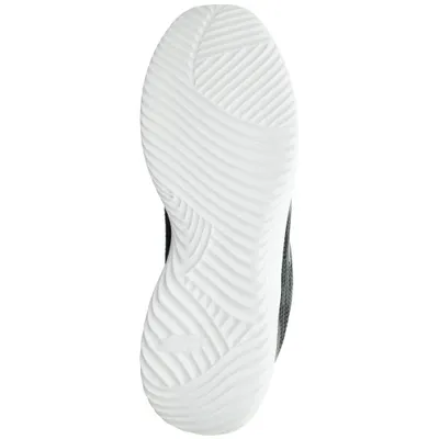 The sole of a gray Skechers sneaker is shown from an underneath view against a white background.
