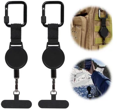 Productafbeelding van 2 stuks - Uittrekbare sleutelhangers met kabel – Anti-diefstalkoord – Telefoonhouder met karabijnhaak voor reizen en wandelen, telefoonaccessoires – Zwart