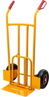 Zdjęcie produktu dla Wózek transportowy magazynowy młynarka wklęsły z rozkładaną platformą koła pneumatyczne Mega-M 200kg żółty
