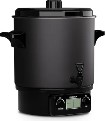 A black Klarstein digital-einkochautomat with a tap and control panel is shown against a white background.