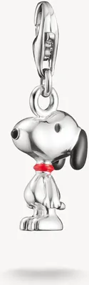 A silver charm of Snoopy from Peanuts, with a red collar, against a white background.