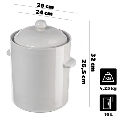 A white ceramic pot with a lid, shown with measurement indicators and icons.
