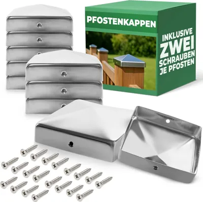Zdjęcie produktu dla Zestaw 10 sztuk nakładek na słupki ze stali nierdzewnej, wymiar 91x91 mm, z wkrętami. Osłony na słupki, nakładki na słupki o wymiarach 9,1 cm, do słupków drewnianych, słupków ogrodzeniowych. Osłony, nakładki, kapturki na słupki, osłony na słupki ogrodzeniowe