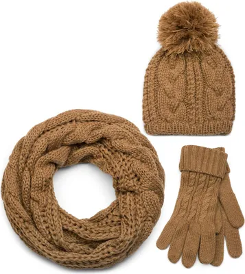 Produktbild von styleBREAKER Schal, Mütze und Handschuh Set, Zopfmuster Strickschal mit Bommelmütze und Handschuhe, Damen 01018208