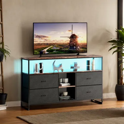 Zdjęcie produktu dla INONEFT, mała szafka pod telewizor z oświetleniem LED, stojak na telewizor z 4 szufladami, komoda pod telewizor do salonu, sypialni, przedpokoju, wymiary: 137x30x78 cm, kolor: czarny