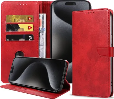 Produktbild von Fit für iPhone 15 Pro Max Handytasche Kunstleder mit magnetischer Lippe und Kartenhalter Buchhülle mit Klappe - Rot - Smartphonica