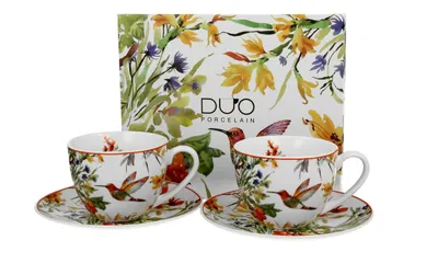 Produktbild von Kaffeetassen 280 ml mit Untertassen – 2er-Set DUO Linnea aus New Bone China Porzellan