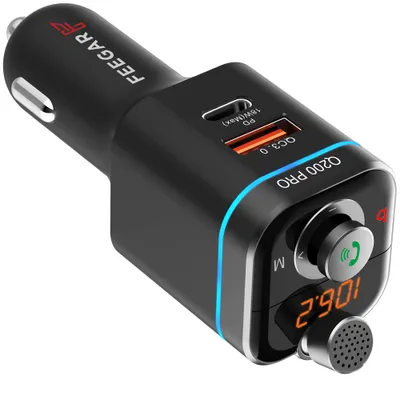 A black car charger with USB ports and a digital display.