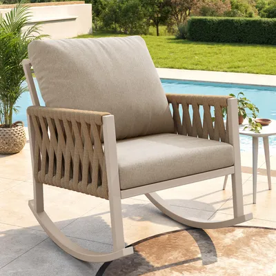 Immagine prodotto di Sedia da giardino Flieks, sedia a dondolo da giardino con cuscino, sedia a dondolo con struttura in metallo, poltrona da giardino con intreccio a croce, max. 120 kg, beige