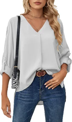 Produktbild von ASKSA Damen Bluse Chiffon Elegant V-Ausschnitt Langarm Hemd Business Casual Tops, Weiß, L