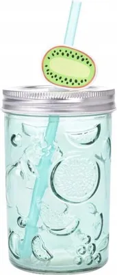 Immagine prodotto di Barattolo di vetro con coperchio e cannuccia per frutta 500ml - Perfetto per bevande e feste