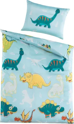 Produktbild von Baby-Microfaser-Bettwäsche - 100 x 135 cm - Blau - Gelb - Grün - Dino-Welt - mit Reißverschluss