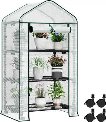 Zdjęcie produktu dla Szklarnia foliowa na kółkach z 3 półkami | Biały, zielony | 70x50x130 cm