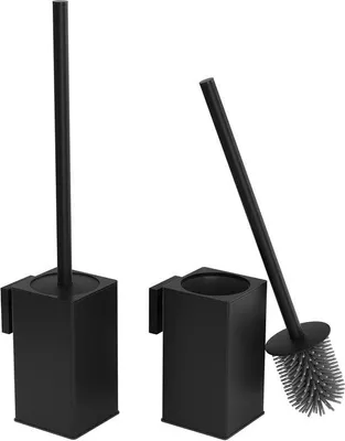 Zdjęcie produktu dla Zestaw szczoteczek do toalety do montażu na ścianie Ibenzoa® (2 szt.) – matowa czerń, metalowa rączka i silikonowa główka szczotki, odporna na korozję, gęste włosie zapewniające dokładne czyszczenie