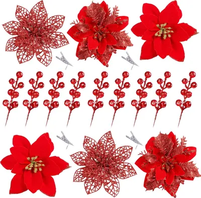 Produktbild von 30 Stück 3 Stile Weihnachtssterne mit Glitzer, künstliche Beerenpicks, Christbaumschmuck, künstliche Weihnachtsblumen mit Klammern für Weihnachtshochzeitskranz, Blumendekorationen (rot)