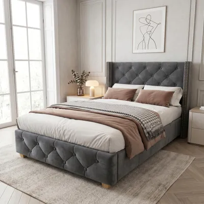 Produktbild von okwish 90×190 Polsterbett mit gepolstertem Kopfteil und Lattenrost, Jugendbett mit Knopfverzierung,Einzelbett in Grau,ohne Matratze