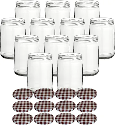 Produktbild von gouveo 12er Set Einmachgläser 580 ml Klassik mit Schraubdeckel karo-braun - Große Vorratsgläser mit Drehverschluss TO82 für Selbstgemachtes