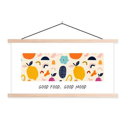 Produktbild von MuchoWow® Textilposter Sprichwörter - Essen - Gutes Essen, gute Laune - Zitate 60x30 cm mit holzfarbenen Rahmen - Dekoration