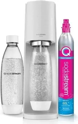 A white SodaStream machine with two bottles and a CO2 cylinder.